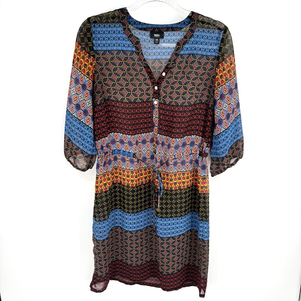Mossimo Sheer Multicolor Peasant Dress Swim Cover 
Size XS Boho Chic Tie Waist‎
